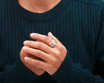 925 sterlingzilveren spinnerring, gemengde metalen meditatiering, gouden en zilveren fidgetring, brede band angstring, handgemaakte statement sieraden
