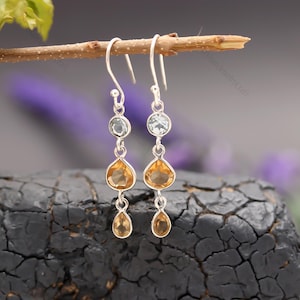 Citrine Blue Topaz Earrings ,Sterling Silver Gemstone Dangle Earrings ,November December Birthstone Jewelry ,Beautiful Handmade Gift for Her