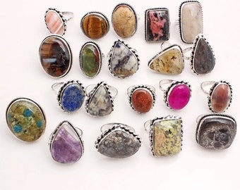 Assorted Gemstone Ring, Silver Plated Gemstone Rings, Adjustable Ring, Amethyst & Mix Gemstone Ring Lot, Free Shipping