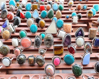 Raw Crystal Adjustable Rings – Silver Plated Gemstone, Boho Jewelry