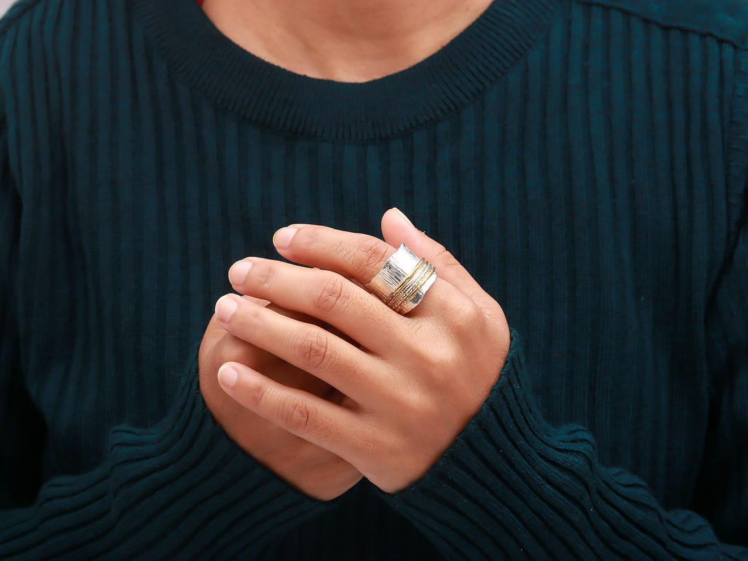 925 Sterling Silver Wide Band Spinner Ring, Gold Meditation Fidget ...