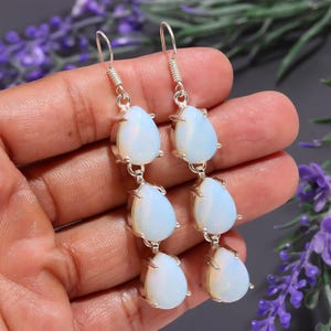 Triple Opalite Dangle Earrings, Sterling Silver Long Drop Earrings, Handmade Boho Gemstone Jewelry, Gift for Her, Handmade Jewelry, For Gift