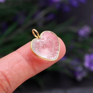 Carved Rose Quartz Heart Pendant Gold Plated, Crystal Love Charm, Healing Gemstone Necklace | Handmade Valentine Gift for Her, Handmade Gift