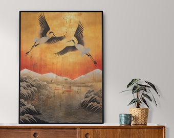 Japanese Flying Cranes Wall Art | Vintage Inspired Japanese Crane Print | Bird Art | Vintage Asian Painting | PRINTABLE | DIGITAL DOWNLOAD