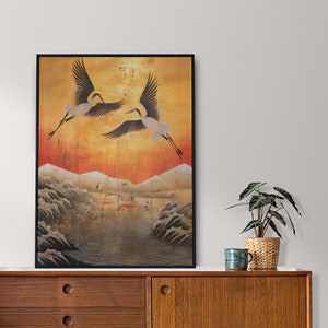 Japanese Flying Cranes Wall Art | Vintage Inspired Japanese Crane Print | Bird Art | Vintage Asian Painting | PRINTABLE | DIGITAL DOWNLOAD