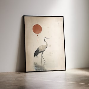 Retro japanischer Kranich Malerei | Japanisch inspirierter Kranich Druck | Vogel Bild | Vintage Stil asiatische Kunstwerk | DRUCKBAR | DIGITALER DOWNLOAD