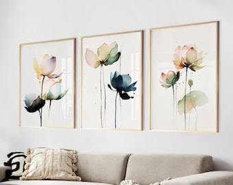 Watercolor Lotus Flower Art Set of 3 | Japanese Flower Print Set | Watercolor Painting | Living Room | PRINTABLE | DIGITAL DOWNLOAD