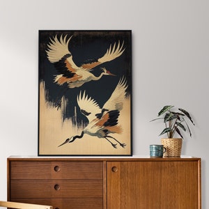 Japanese Crane Wall Art | Japanese Inspired Flying Cranes Print | Bird Painting | Vintage Style Asian Artwork | PRINTABLE | DIGITAL DOWNLOAD