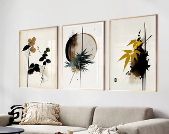 Japanese Leaves Set of 3 Wall Art | Muted Minimalistic Zen Art Print | Japandi Decor Wall Art | Wabi Sabi | PRINTABLE | DIGITAL DOWNLOAD