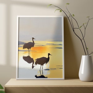 Sunset Cranes Watercolor Painting  | Japanese Cranes Wall Art | Bird Silhouette Print | Japandi Decor PRINTABLE | DIGITAL DOWNLOAD