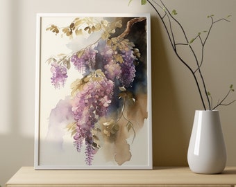 Watercolor Japanese Wisteria Wall Art | Wisteria Purple Flower Art Print | Purple Watercolor Painting | PRINTABLE | DIGITAL DOWNLOAD