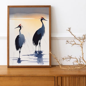 Cranes At Sunset Watercolor Painting  | Japanese Cranes Wall Art | Crane Bird Animal Wall Print | PRINTABLE | DIGITAL DOWNLOAD