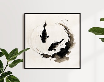 Japanse inkt Koi vijver schilderij | Sumi-e Koi kunst aan de muur | Minimale Japanse inktkunstprint | Waterdierkunst | AFDRUKBARE | DIGITALE DOWNLOAD