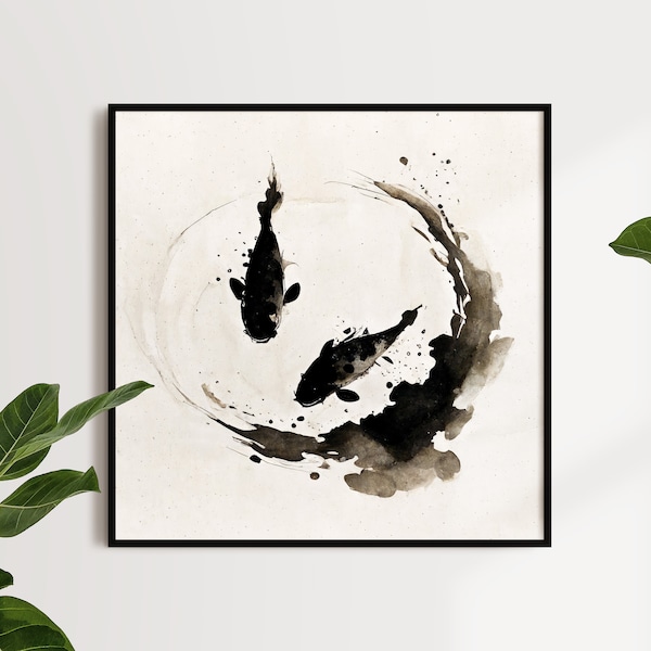 Japanische Koi Teich Malerei | Sumi-e Koi Wandkunst | Minimalistischer japanischer Tusche Kunstdruck | Wassertier Kunst | DRUCKBAR | DIGITALER DOWNLOAD