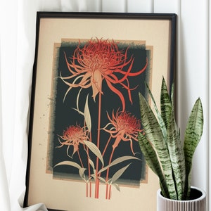 May include: A framed botanical print featuring three red flowers with intricate details against a dark green background. The print is in a black frame and is displayed on a white wall.