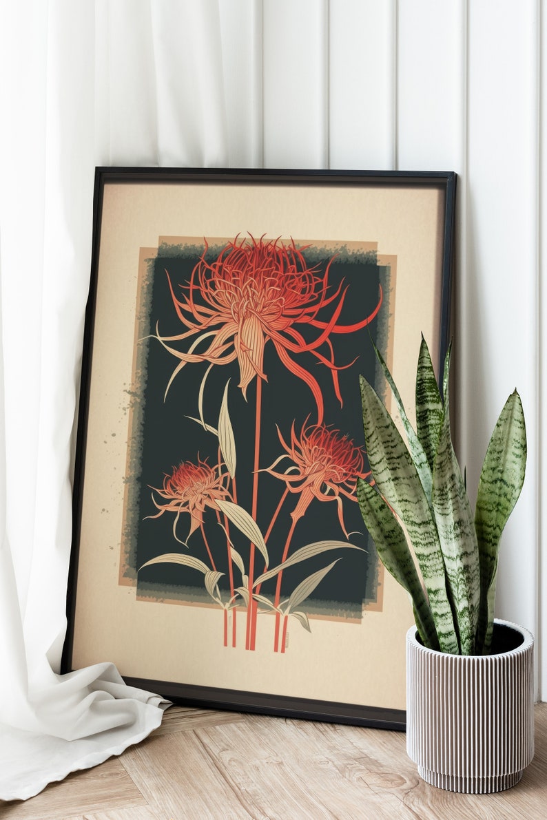 May include: A framed botanical print featuring three red flowers with intricate details against a dark green background. The print is in a black frame and is displayed on a white wall.