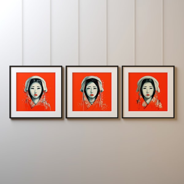 Japanese Shrine Maiden Portrait Set of 3 | Japanese Women Wall Art | Japanese Portrait Print Set | PRINTABLE | DIGITAL DOWNLOAD