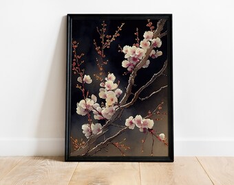 May include: A framed painting of a branch of white cherry blossoms with pink accents against a dark background.