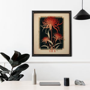 May include: A framed print of a botanical illustration featuring three red flowers with long, thin petals against a dark background. The flowers are surrounded by green leaves and stems.
