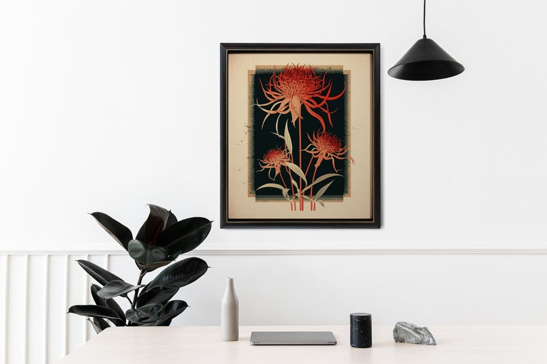 May include: A framed print of a botanical illustration featuring three red flowers with long, thin petals against a dark background. The flowers are surrounded by green leaves and stems.