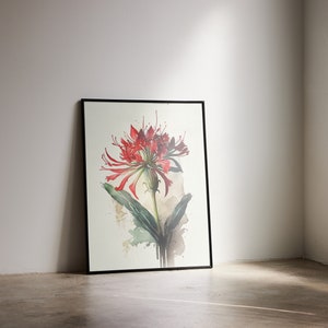 Puede incluir: Una pintura de acuarela enmarcada de una flor roja con hojas verdes sobre un fondo blanco.