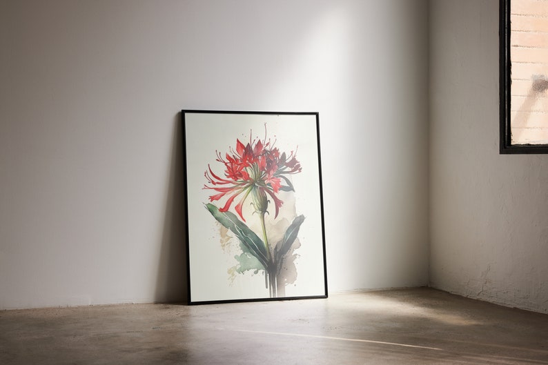 Puede incluir: Una pintura de acuarela enmarcada de una flor roja con hojas verdes sobre un fondo blanco.