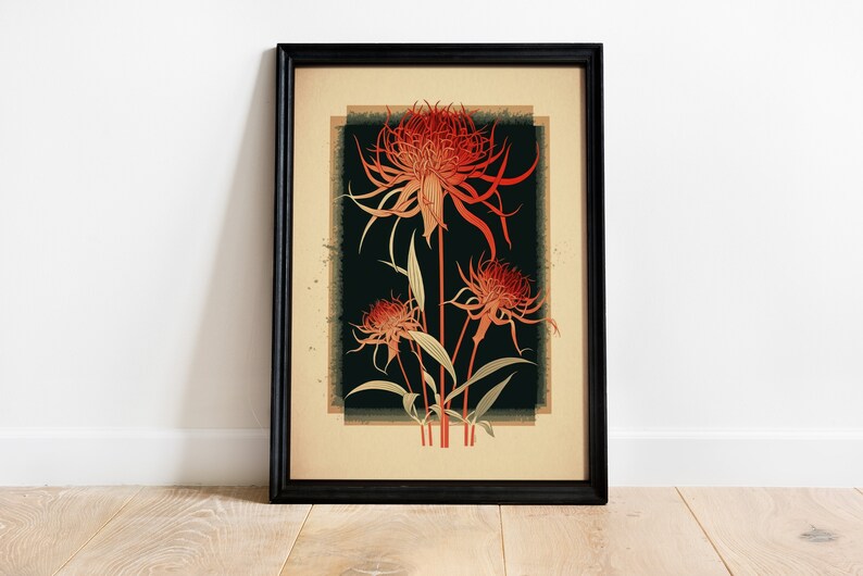 May include: A framed print of a botanical illustration featuring three red flowers with long, thin petals against a dark green background.