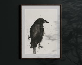以下が含まれることがあります： 白い背景に描かれた、黒と白の水彩画の鴉。鴉は右を向いており、羽根は閉じられています。絵はミニマルなスタイルです。