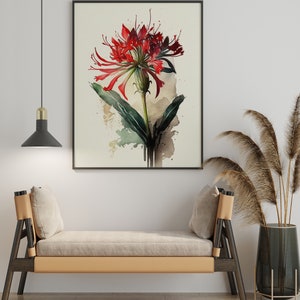 Puede incluir: Una pintura de acuarela de una flor roja con hojas verdes y un fondo marr&oacute;n. La pintura est&aacute; enmarcada en un marco negro y colgada en una pared blanca.