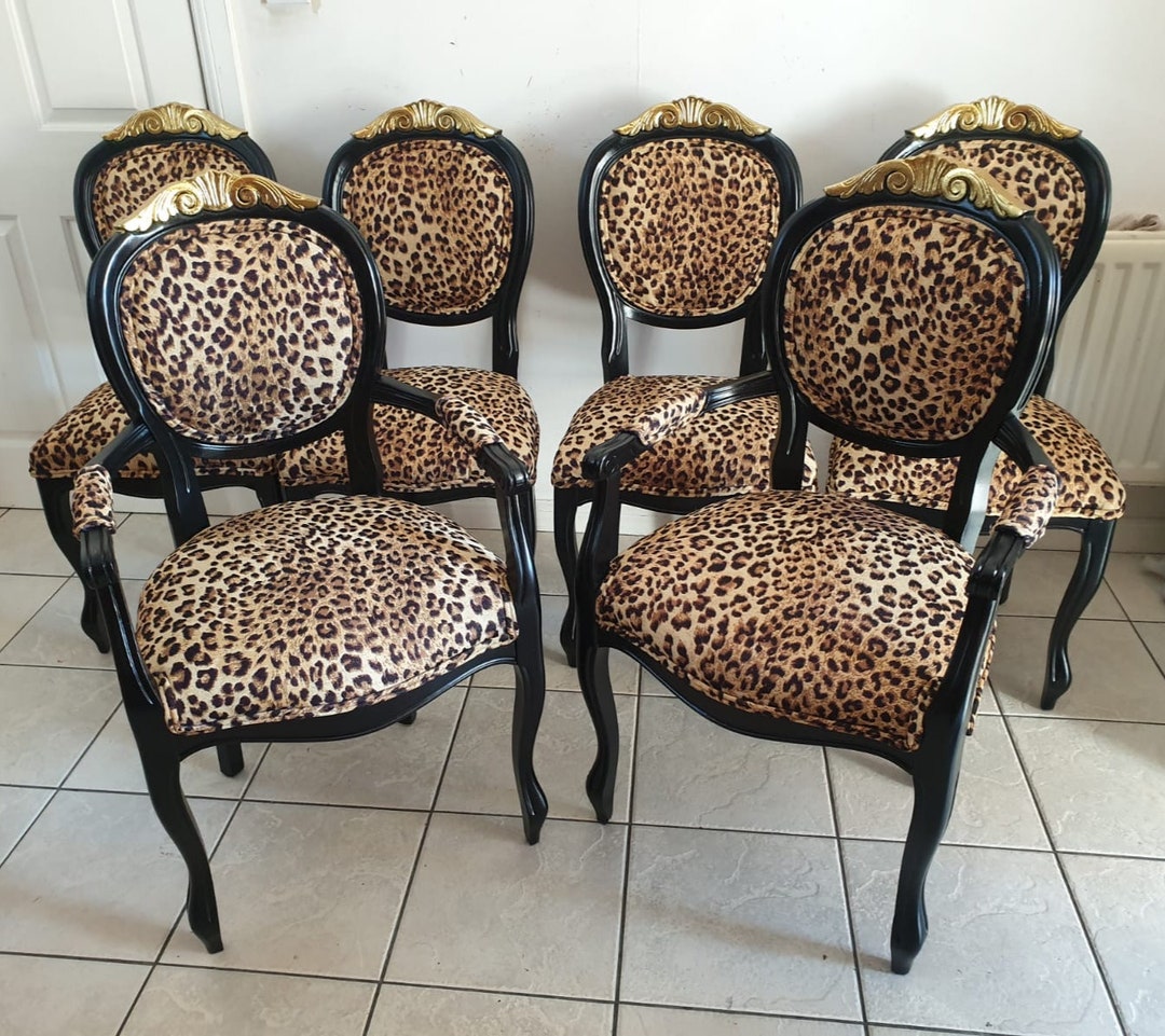 Refurbished Italian Dining Chair: Leopard Print, Gold Leaf, Black Lacquer 