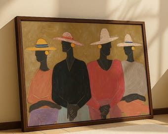 May include: A framed painting depicting four figures in wide-brimmed hats against a muted gold background. The figures wear long-sleeved tops in orange, black, red, and light gray, with skirts or trousers in purple, light blue, red, and orange.