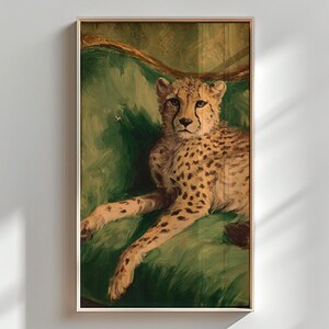 Vintage Cheetah Wall Art Green Jungle Decor Animal Print for Living Room Safari Style Interior Wildlife Lover Gift Majestic Cat Artwork