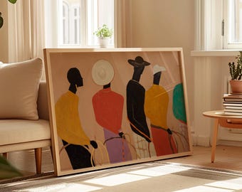 Friend Circle Boho Wall Art, Afrocentric Living Room Decor, Earthy Tone Ethnic Art Print, Contemporary Abstract Wall Decor, Black Folk Art