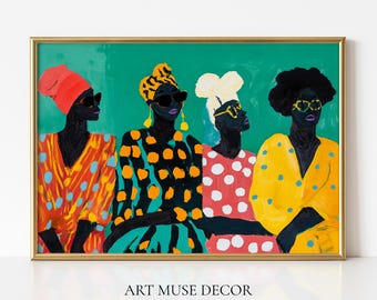 May include: A framed art print featuring four stylized figures in vibrant clothing and sunglasses against a green background. The figures wear colorful patterns, including polka dots and geometric designs. The text "ART MUSE DECOR" is at the bottom.