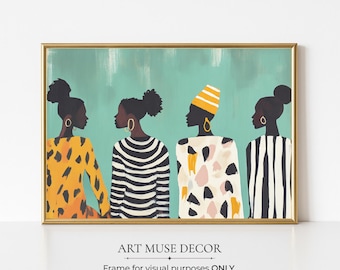 May include: A framed art print featuring four silhouetted figures against a teal background. The figures wear patterned tops in yellow, black and white, and a yellow and white striped head wrap. The text "ART MUSE DECOR" is at the bottom.