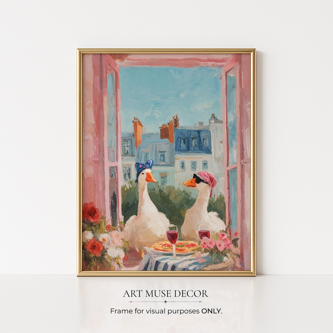 Funky Geese & Parisian Open Window Painting Print, Whimsical Pink ...