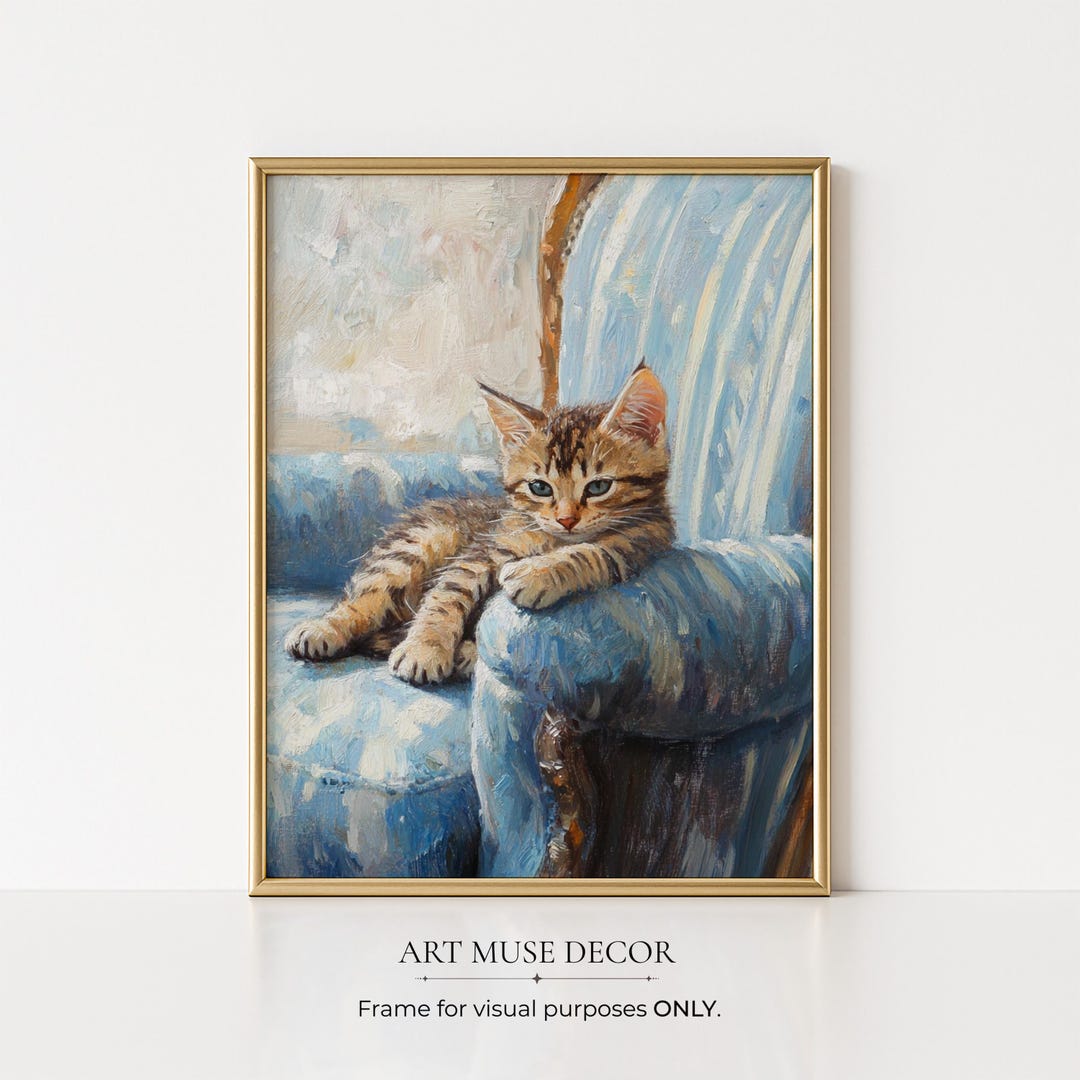 Tabby Cat Vintage Print: Kitten Oil Painting, Cozy Blue Pet Portrait - Etsy