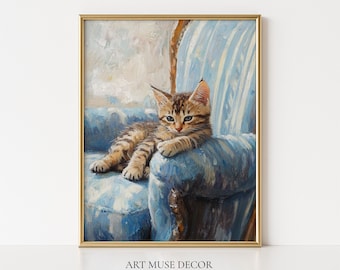 Tabby Cat Vintage Print: Kitten Oil Painting, Cozy Blue Pet Portrait