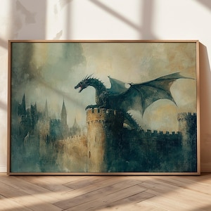 Majestic Black Dragon On Castle Wall Decor Medieval Fantasy Oil Painting Art Print Dragon in Twilight Living Room Decor For Dragon Fan Art