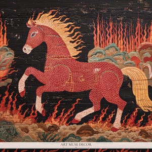 Antique Fire Horse Painting: Vintage Chinese Zodiac Print, Primitive Equestrian Decor bild 2
