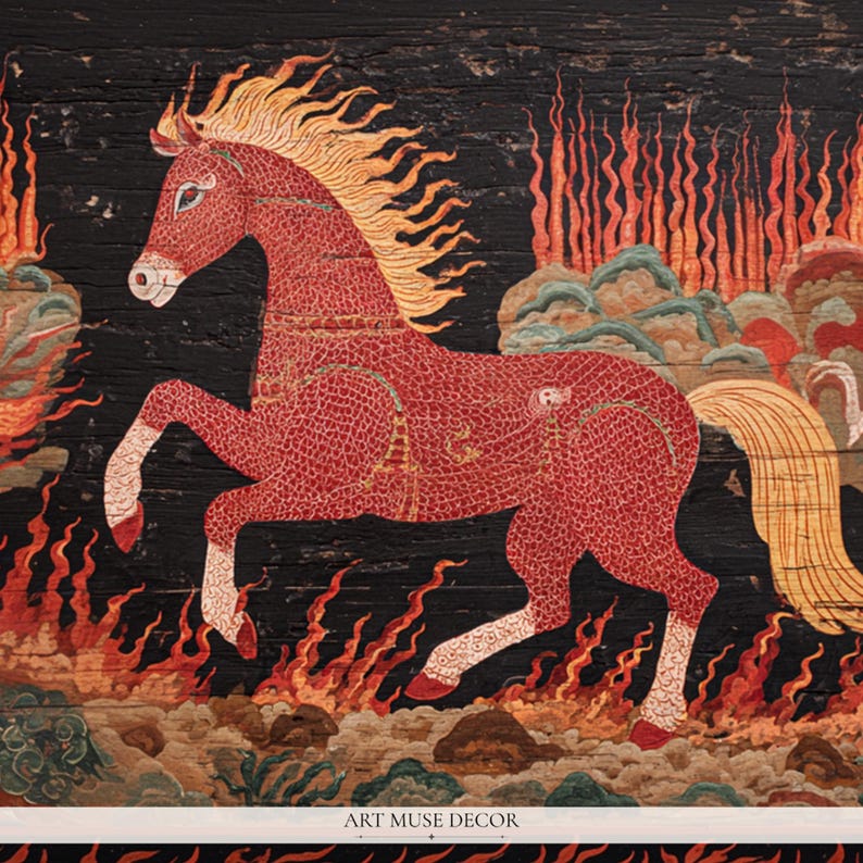 Antique Fire Horse Painting: Vintage Chinese Zodiac Print, Primitive Equestrian Decor bild 2