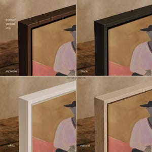 May include: A four-panel display showing a framed canvas print in espresso, black, white, and natural wood finishes. The artwork depicts a figure in a hat wearing a light pink shirt against a tan and pink background. Text includes framed canvas only, espresso, black, white, natural, and ART MUSE DECOR.