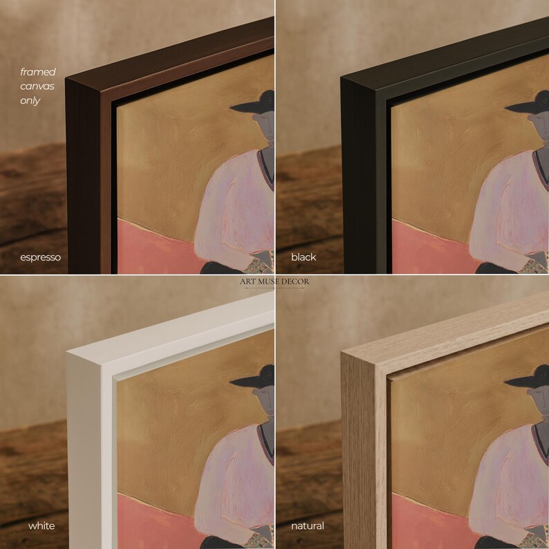 May include: A four-panel display showing a framed canvas print in espresso, black, white, and natural wood finishes. The artwork depicts a figure in a hat wearing a light pink shirt against a tan and pink background. Text includes framed canvas only, espresso, black, white, natural, and ART MUSE DECOR.