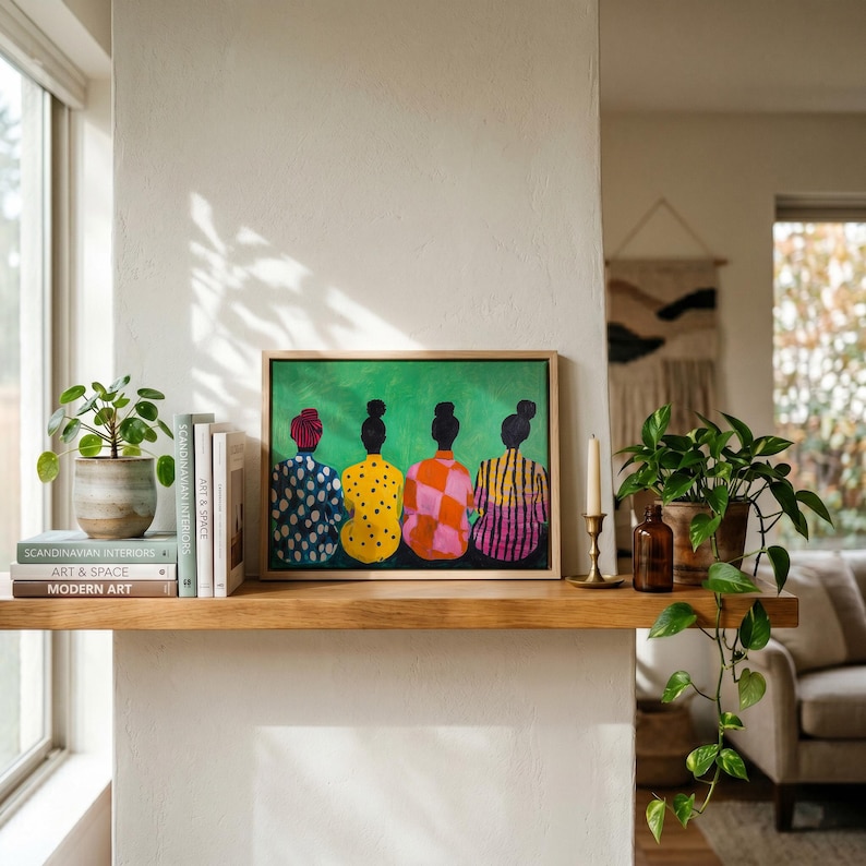 May include: A framed artwork depicts four figures with their backs to the viewer, each wearing a different patterned outfit against a green background. The artwork sits on a wooden shelf with books, plants, and a candle.