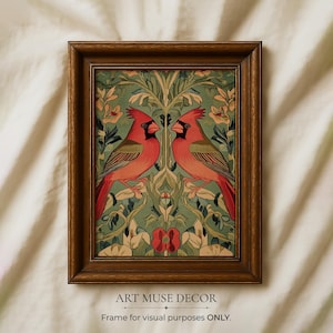 May include: Framed art print featuring two red cardinal birds facing each other, set against a backdrop of green foliage and flowers. The artwork is in a brown wooden frame. The text "ART MUSE DECOR" and "Frame for visual purposes ONLY" are at the bottom.