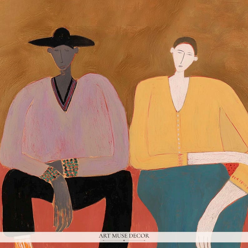 May include: An oil painting depicting two figures against a brown background. The left figure wears a black hat, a light purple V-neck top with patterned cuffs, and black pants. The right figure wears a yellow top and teal pants. Text reads ART MUSE DECOR.