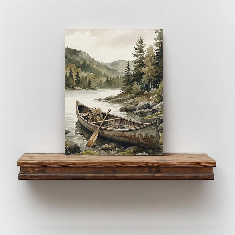 Vintage Fisherman Boat Painting: Rustic Lake Cabin Print, Hunting Wall Art image 7