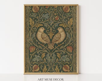 Lovebirds Vintage Tapestry Print: Antique Textile Wall Art, Woodland Farmhouse Decor