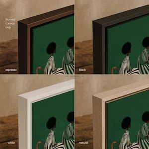 May include: Framed canvas art print featuring a green background with a depiction of figures in striped clothing. The available frame colors are espresso, black, white, and natural. The text "ART MUSE DECOR" is visible.