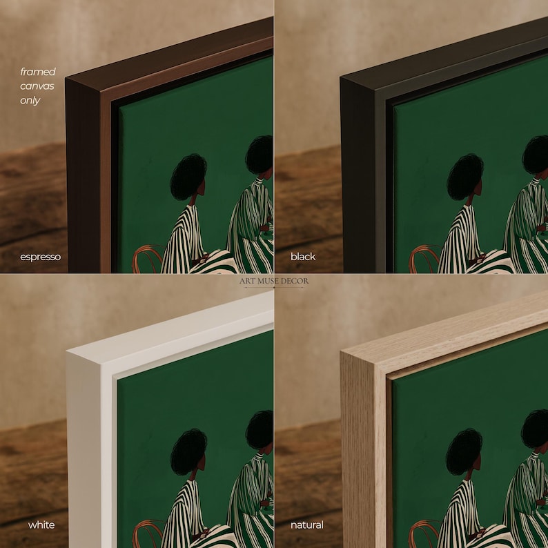 May include: Framed canvas art print featuring a green background with a depiction of figures in striped clothing. The available frame colors are espresso, black, white, and natural. The text "ART MUSE DECOR" is visible.